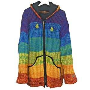 KYBER Rainbow 100% Wool Hooded Sweater Jacket XXL Insulated Artsy  Made in Nepal